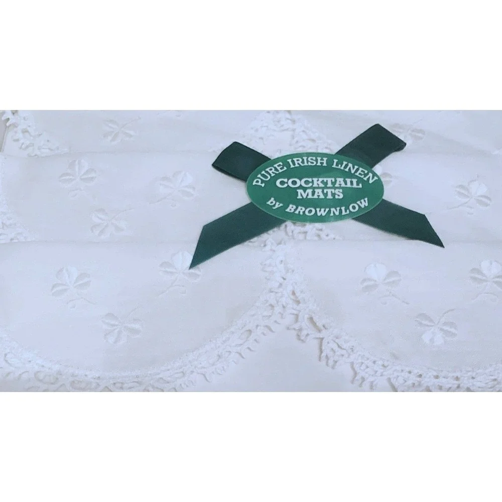 Irish Linen White Cocktail Mat Coasters 6pc Lace Edged Shamrock Embroidered NOS